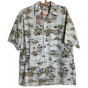 Campia Moda Shirt Mens Large Beige Green Patch Pocket Hawaiian Vacation Island